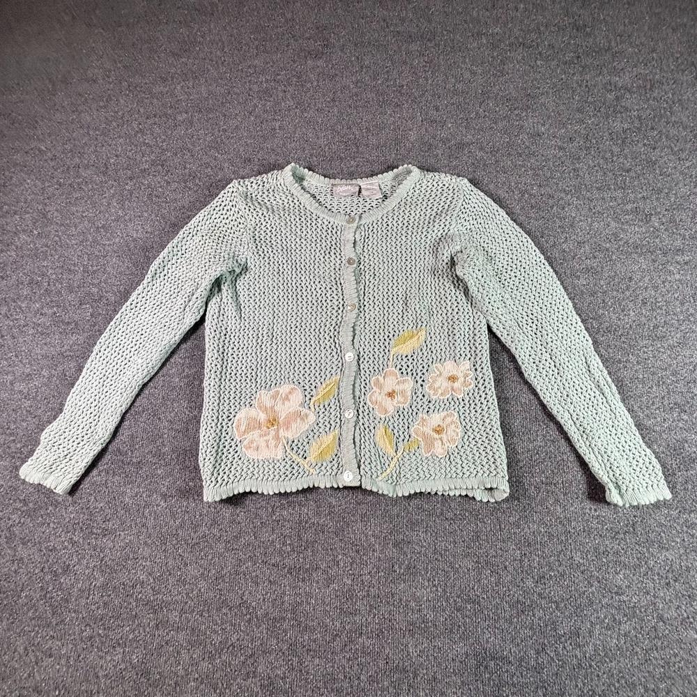Blair Cardigan Sweater Women L Blue Ramie Cotton Open Knit Floral Preppy Holiday